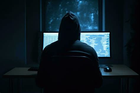 Hooded Hacker Sitting In Front Of Computer Monitor In A Dark Room An