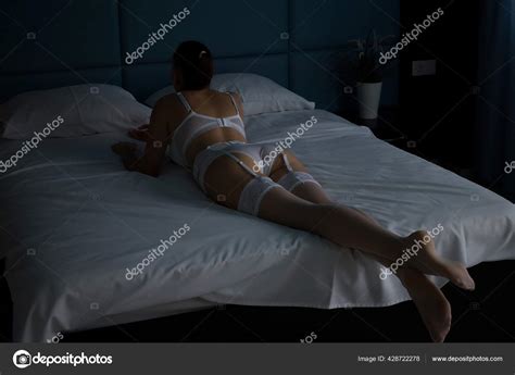 Back View Slim Sexual Nude Woman Panties Lying Bed Room Stock Photo Kstudio