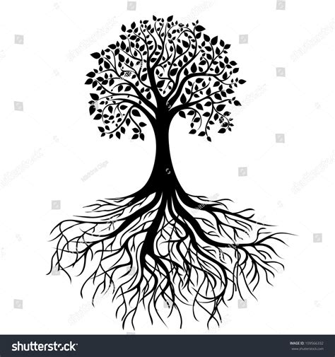 Whole Black Tree With Roots Isolated White Background Vector