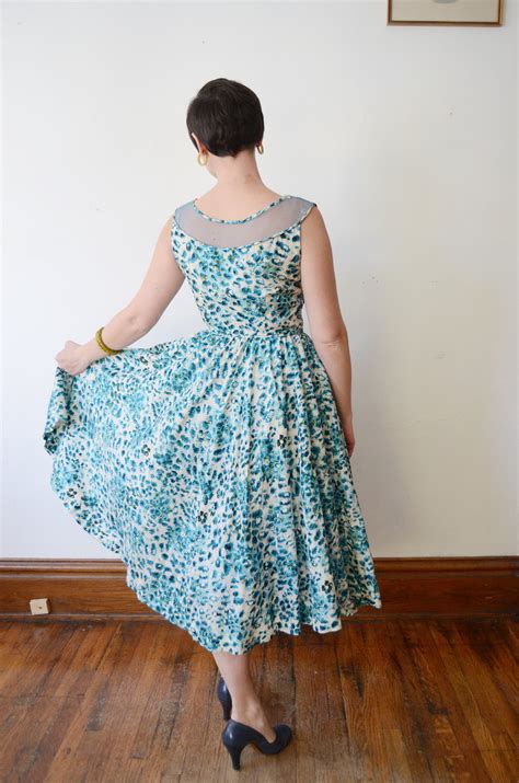 1950s Blue Silk Floral Dress With Mesh Neckline M