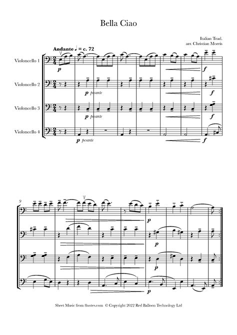 Bella Ciao For Cello Quartet Free Sheet Music For Cello Quartet