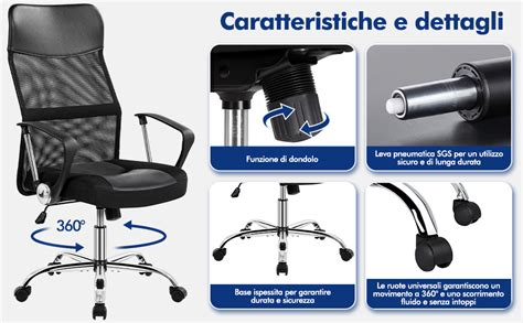 Yaheetech Sedia Ufficio Scrivania Ergonomica Schienale Alto Reclinabile