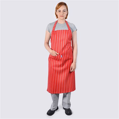 Red Pinstripe Bib Apron For Female Hospitality Staff Waitress