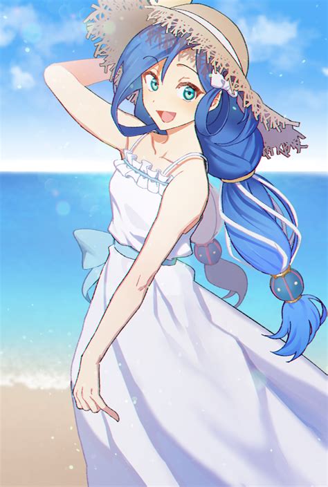 Safebooru 1girl Arm Behind Head Arm Up Bare Shoulders Beach Blue Hair Bow Collarbone Dana Ys