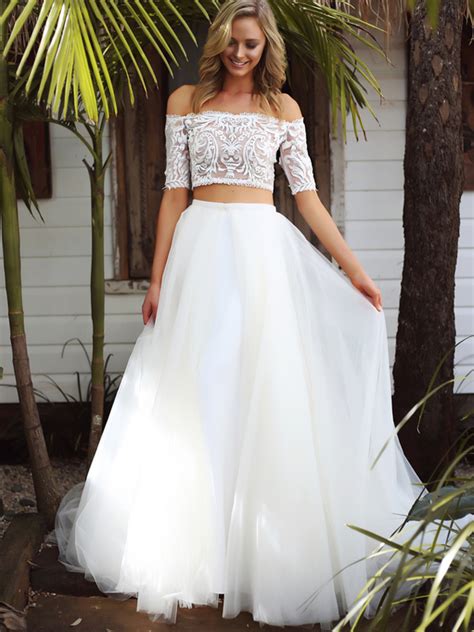 Mermaid Two Piece Off Shoulder Half Sleeves White Tulle Long Wedding