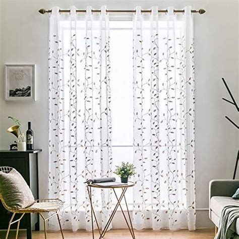 Miulee White Sheer Curtains With Brown Embroidered Leaf Pattern For