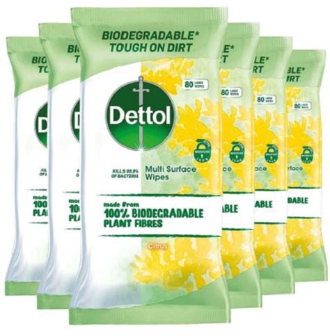 Dettol Biodegradable Citrus Multi Surface 80 Large Wipes 6 Pack