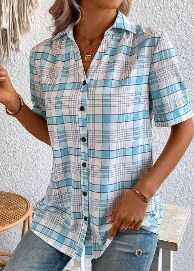 Light Blue Button Plaid Short Sleeve Blouse Modlily USD 32 98