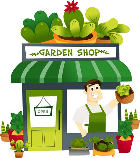 Cartoon Garden Shop With Male Storekeeper At The Window Vector