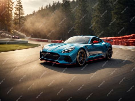Premium Photo A Blue Sports Car Driving On A Track With Trees In The