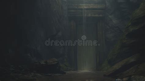 A Hidden Ancient Doorway Behind A Waterfall Stock Illustration