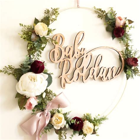 19 Blush And Burgundy Floral Wreath With Custom Name Handmade Girl