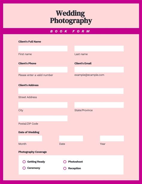 Simple Purple Wedding Photography Booking Form Venngage