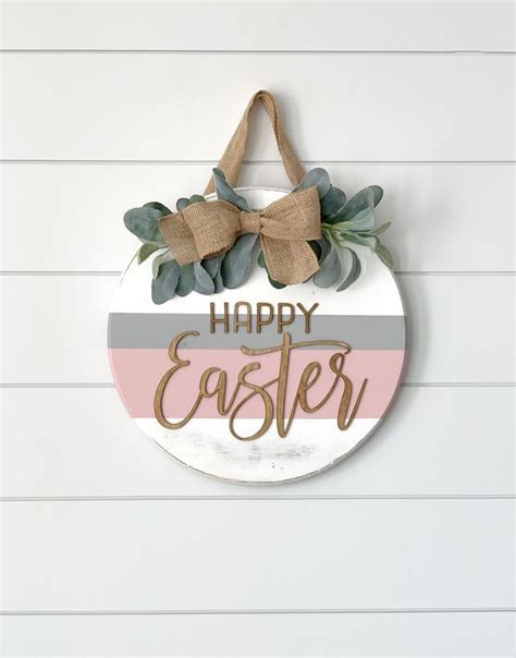 Round Hanging Happy Easter Sign Modern Twist For Farmhouse Rustic