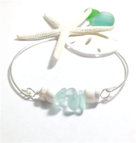 Sea Glass Puka Shell Bangle Bracelet Seaglass Jewelry Garden Leaf Seaside Sea Glass Bracelet