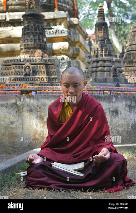 India Bodhgaya Buddhist Monk Praying In The Garden Of Mahabodhi