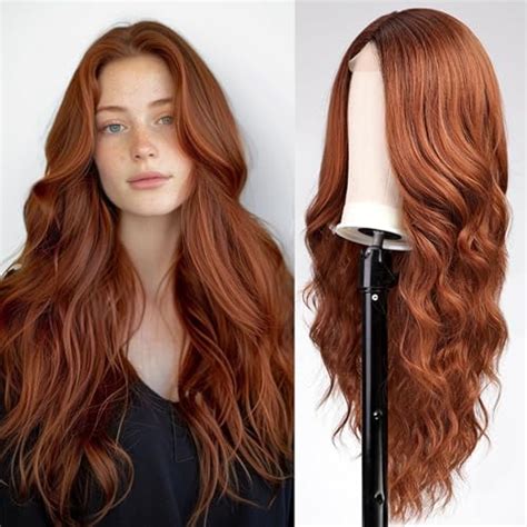 Emmor Long Ginger Wavy Wig For Women Lace Front Wigs Auburn Natural Looking 26 Inch