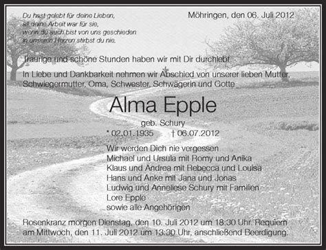 Traueranzeigen Von Alma Epple Schwaebische De Trauerportal