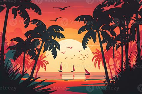 Synthwave Neon Landscape With Palm Trees And Sunset Retro Style Background Neural Network Ai