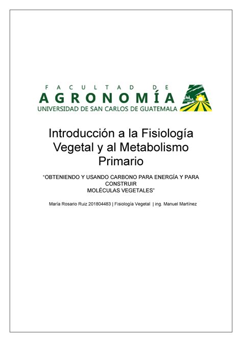 Introducción a la Fisiología Vegetal y al Metabolismo Primario