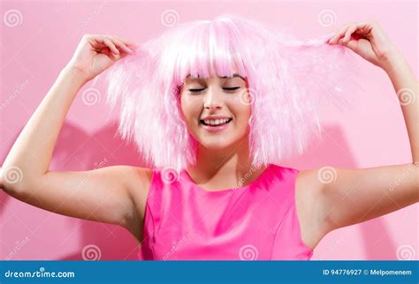 Beautiful Woman In A Bright Pink Wig Stock Image Image Of Makeup