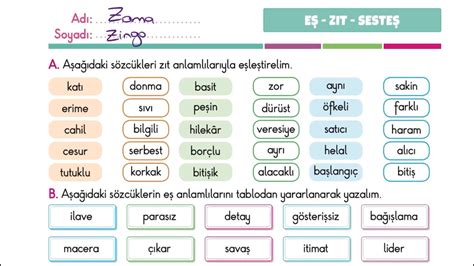 4 Sınıf Türkçe Eş Anlamlı Zıt Anlamlı ve Sesteş Kelimeler Uzaktan