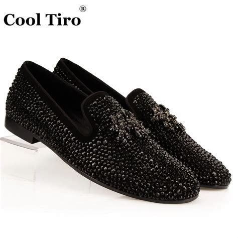 Black Suede Rhinestone Men Loafers Crystals Tassel Slippers Smoking Slip On Black Dress Shoes