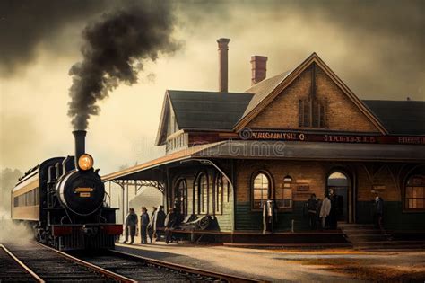 Vintage Train Station, with Steam Engine and Passengers Boarding for ...