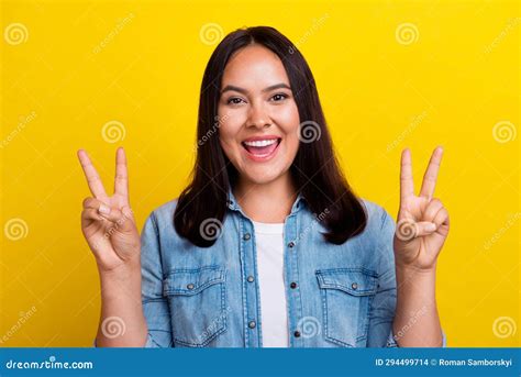 Photo Of Optimistic Positive Person With Straight Hairstyle Wear Denim