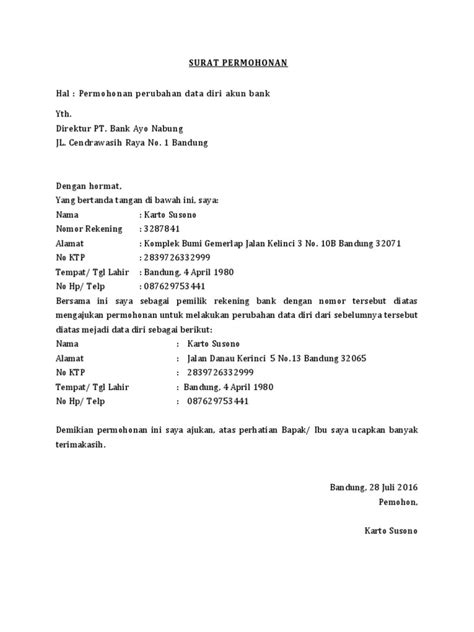 Contoh Surat Permohonan Perubahan Data Diri Di Bank Pdf