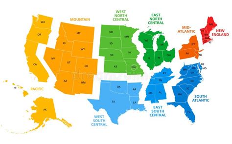 Estados Unidos Divididos En Regiones Censales Y Divisiones Mapa