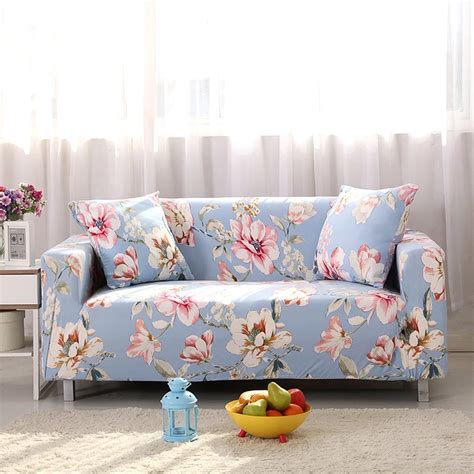 Sofa Covers Elastic Spandex Flowers Printed Light Blue Sofa Covers ...