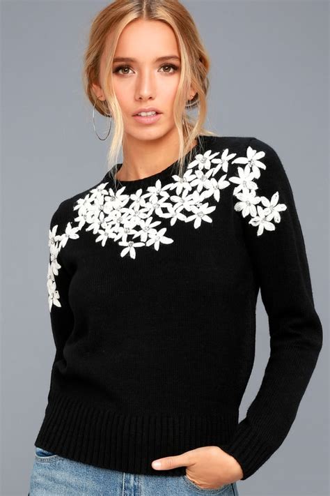 Chic Black Embroidered Sweater Rhinestone Sweater Lulus