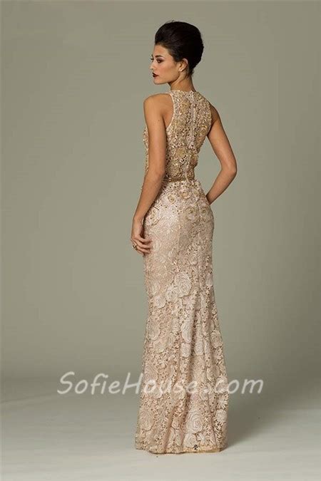 Gorgeous Sheath High Neck Long Champagne Venice Lace Beaded Occasion