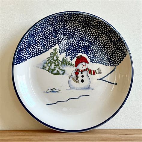 Vintage Blue Spongeware Christmas Snowman Dish Set 6 Place Settings