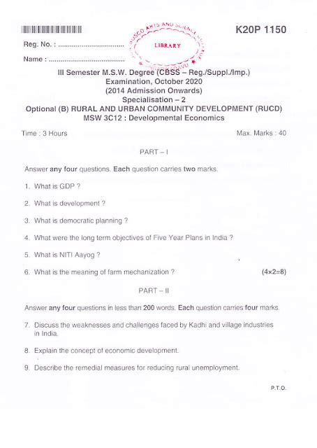 Kannur University M S W Optional B Rucd Third Semester Developmental Economics October 2020