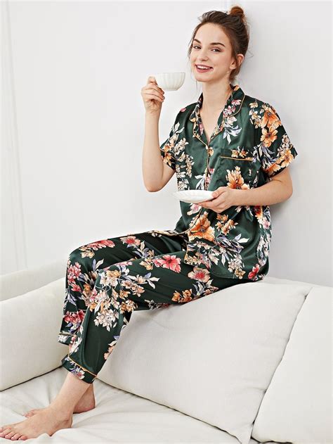 Flower Print Button Up Pajama Set Sheinsheinside Button Up Pajamas