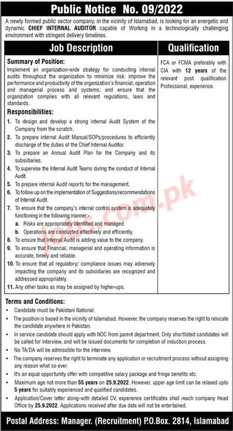 PO Box 2814 Islamabad Public Sector Organization Jobs 2022 For Chief