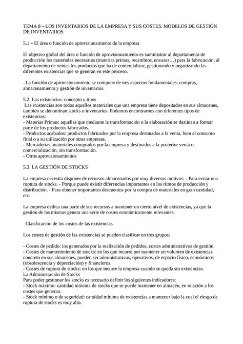 Econo Tema Tema Los Inventarios De La Empresa Y Sus Costes