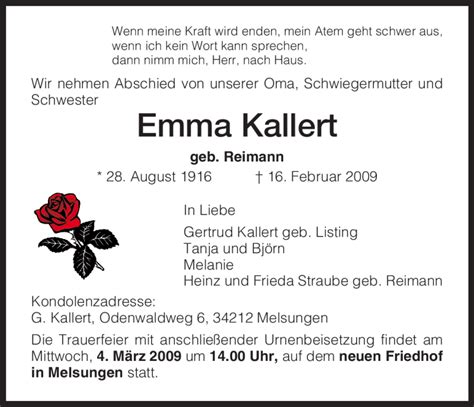 Traueranzeigen Von Emma Kallert Trauer Hna De