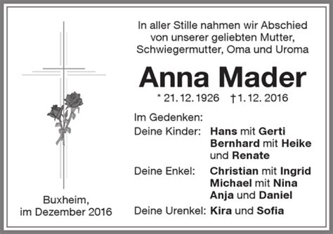 Traueranzeigen von Anna Mader Allgäuer Zeitung