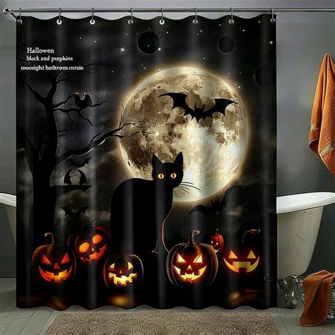 Spooky Black Cat And Pumpkins Shower Curtain Halloween Moonlight