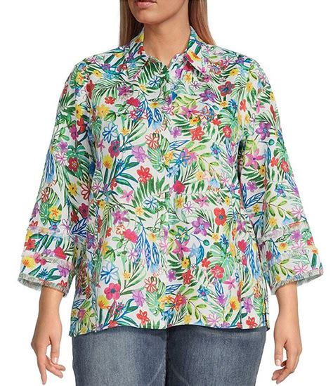 John Mark Plus Size Linen Floral Print Point Collar 3 4 Sleeve Button