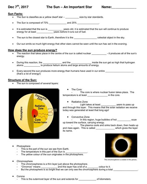 About The Sun Worksheets