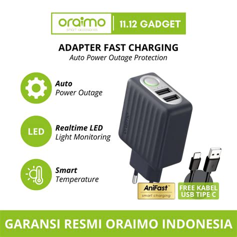 Jual Oraimo Wall Charger AniShield Dual Port 18W LED Indicator Shopee