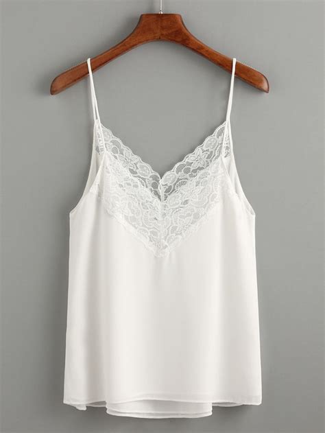 Romwe Contrast Lace Cami Top Chiffon Cami Tops Lace Cami Top White