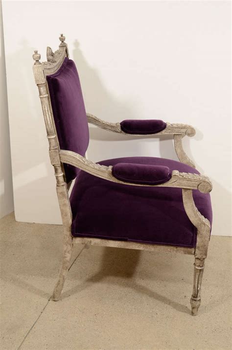 Pair Of French Louis XVI Painted Armchairs In Purple Velvet At 1stDibs