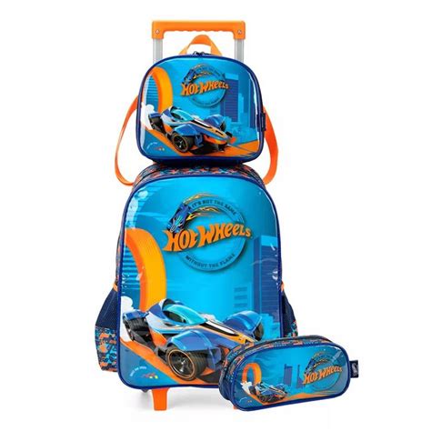 Kit Mochila De Rodinha Hot Wheels Azul Lancheira Estojo Papelaria