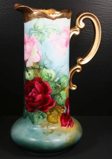 Beautiful Vienna Austria Tankard Hand Painted Pink Roses Gold Pitcher 13 Tall Pink Roses