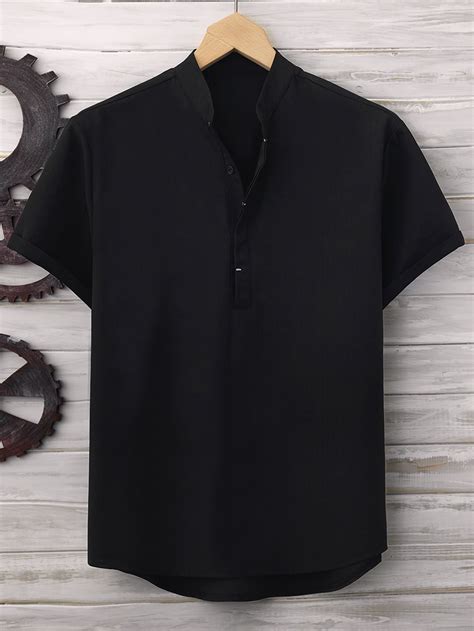 Black Casual Collar Short Sleeve Fabric Plain Top Embellished Slight Stretch Summer Men Tops